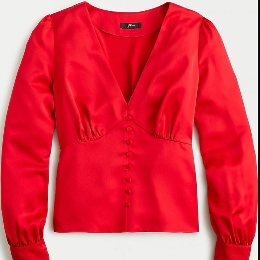 J.Crew Deep V-neck button-front top in satin-backed crepe ~ Red, Size 8 ~ NWOT